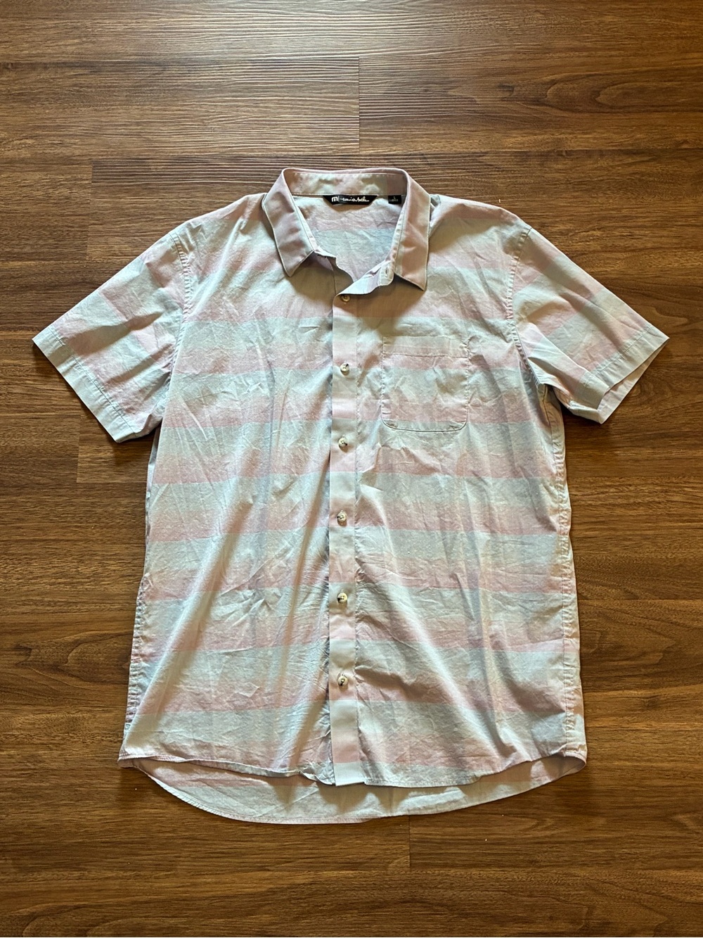 Travis Mathew Men’s Short Sleeve  Button Up Size L Pink Stripes